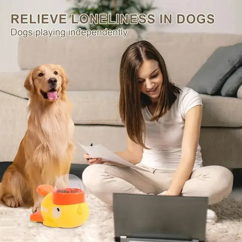 Interactieve puzzelvoerbak in de vorm van een eend en hond