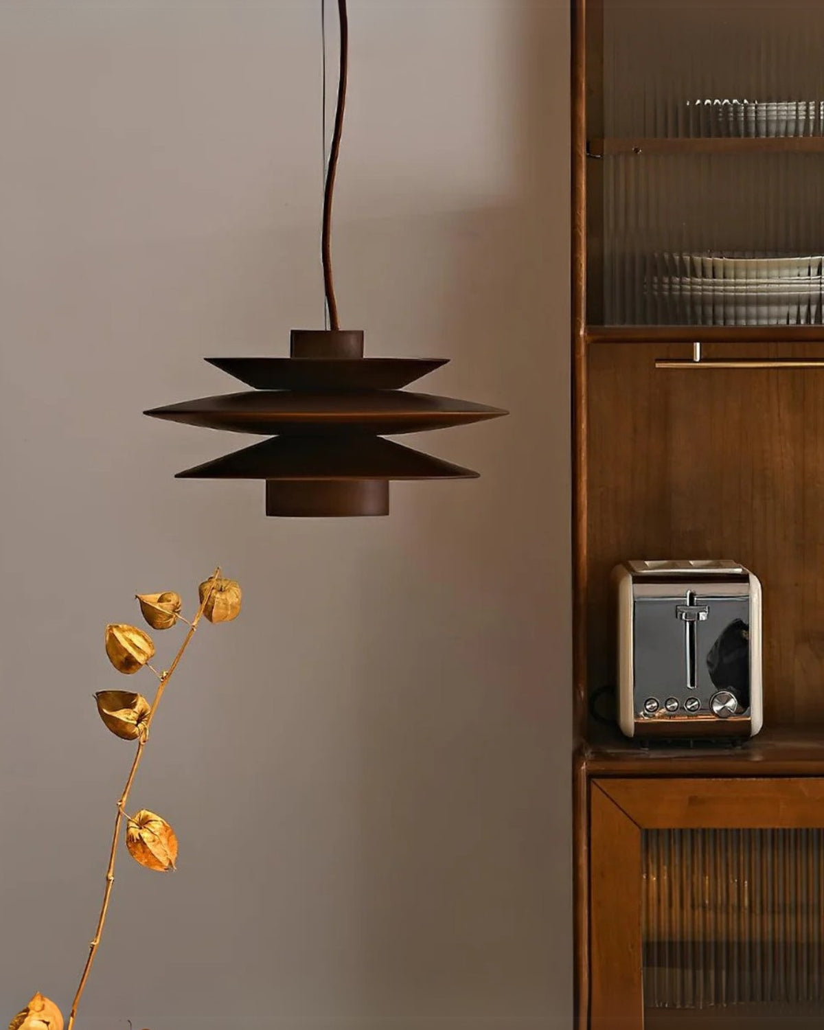 Layered Rubberwood Pendant Light Walnut Finish Ceiling Fixture Dining Room Living Room Ambient Lighting Modern Natural Wood Chandelier Warm | Thomler