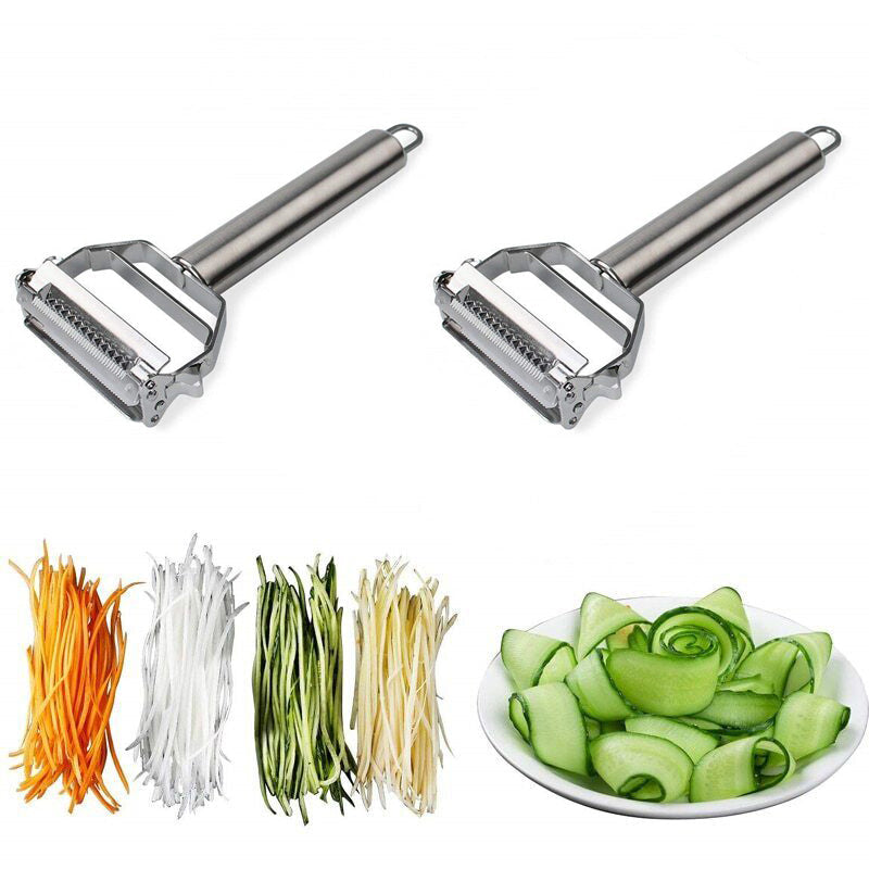 Pelador de verduras de doble hoja con cortador en juliana | Utensilio de cocina de acero inoxidable para patatas, zanahorias, calabacines, pepinos y manzanas | Apto para lavavajillas |