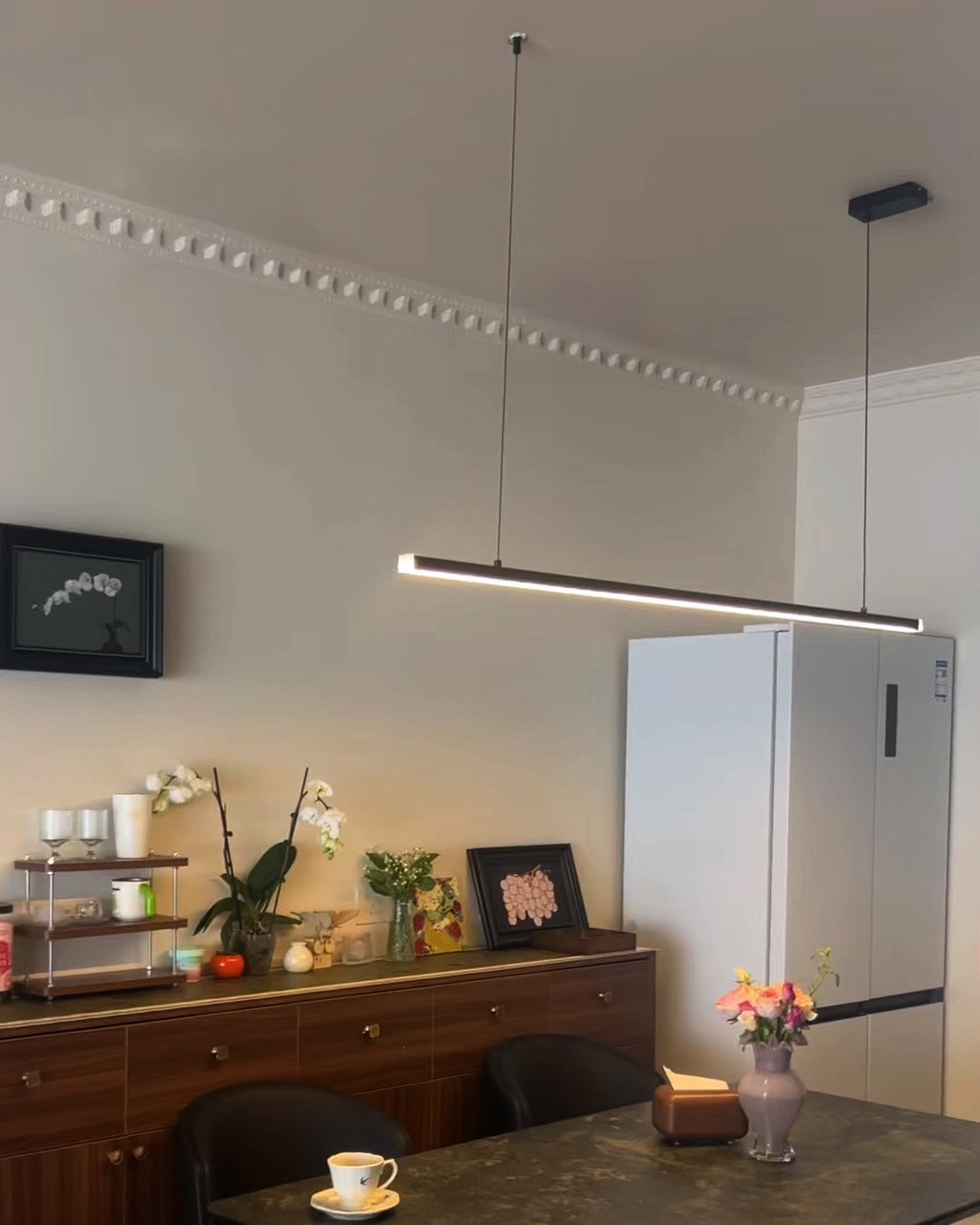 Suspended LED Strip Fixture for Countertop Islands – Dimmable Metal Bar Light with Remote in Matte or Gloss White – 39 to 102 in Adjustable