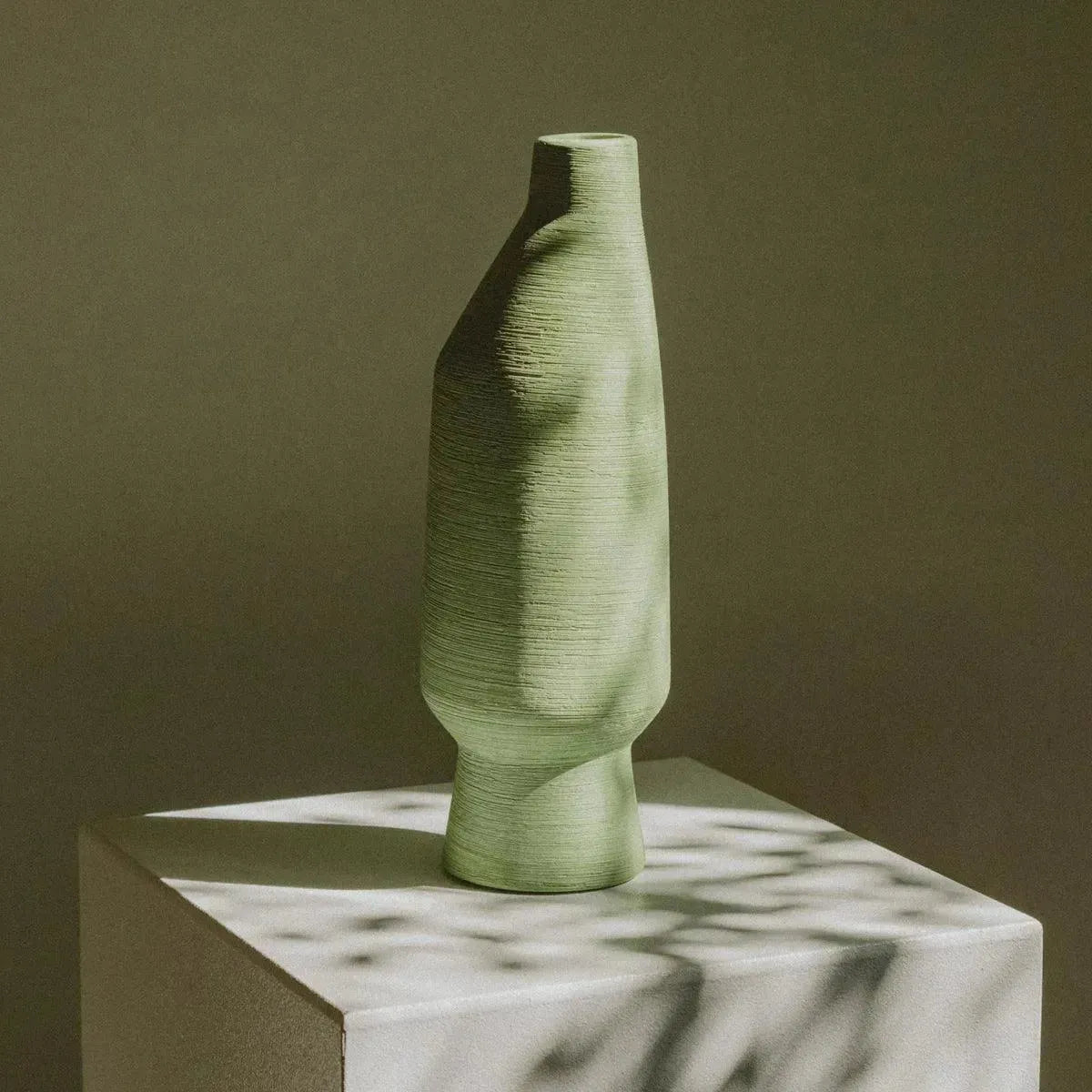 Ceramic Vessel 11.8 Inches Tall Green Artisan Home Accent Mantel Decor Sculptural Pottery for Shelf Console Table Centerpiece | Thomler