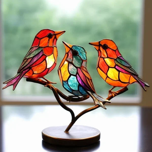 Handbeschilderde metalen vogelbeeldjes voor op de plank & schoorsteenmantel | Kleurrijke tafeldecoratieset | Moderne zittende vogels voor woonkamer, slaapkamer, kantoor