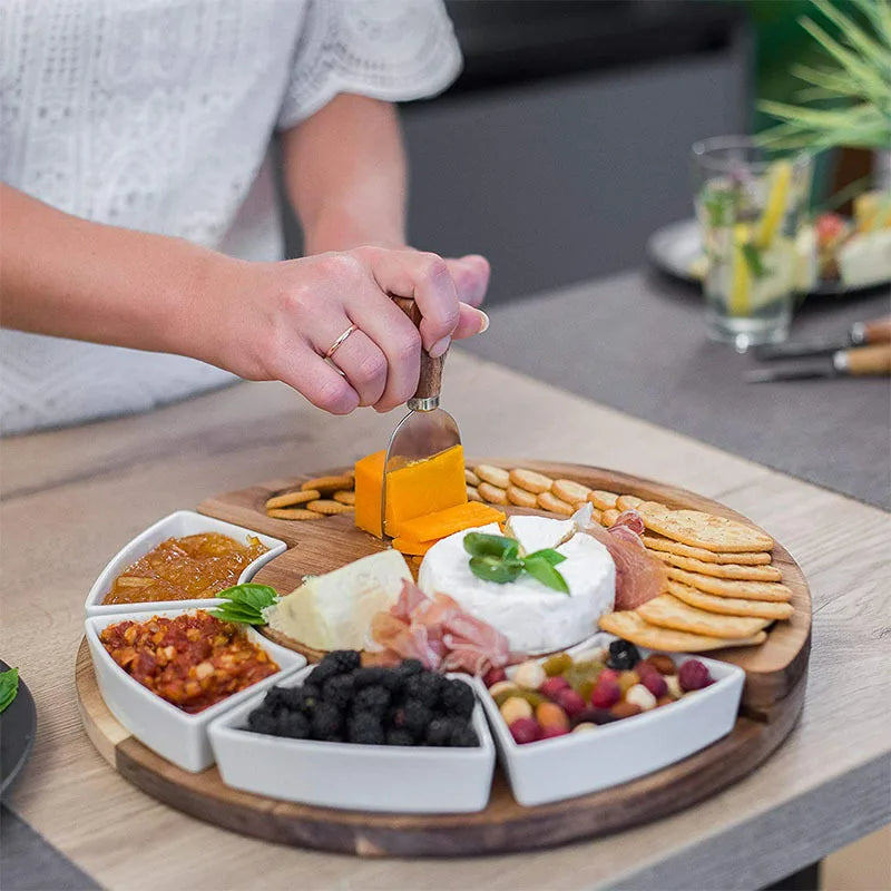 Round Wood Serving Tray with Bowls and Knives 13 Inch Appetizer Platter Set for Entertaining Charcuterie Display Board Natural Acacia Snack | Thomler