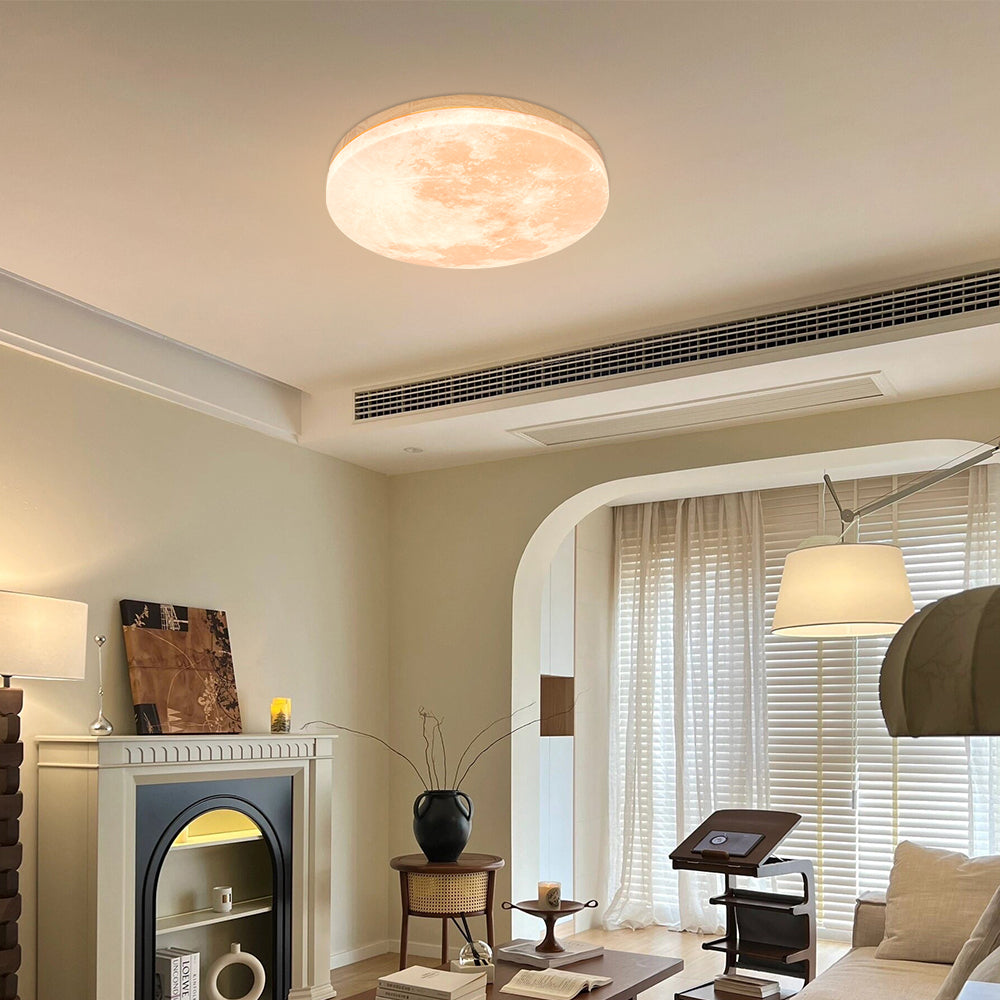 Runde LED-Unterputz-Deckenleuchte mit Mondoberflächen-Design, Holz & Acryl, 48 cm Durchmesser, für Schlafzimmer, Wohnzimmer und Flure, modernes Ambiente