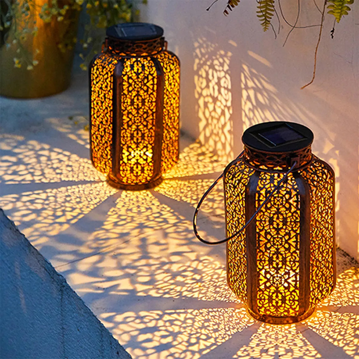 Sun-Charged Metal Garden Lantern with Cutout Moroccan Design for Porch, Deck & Yard Lighting | Thomler