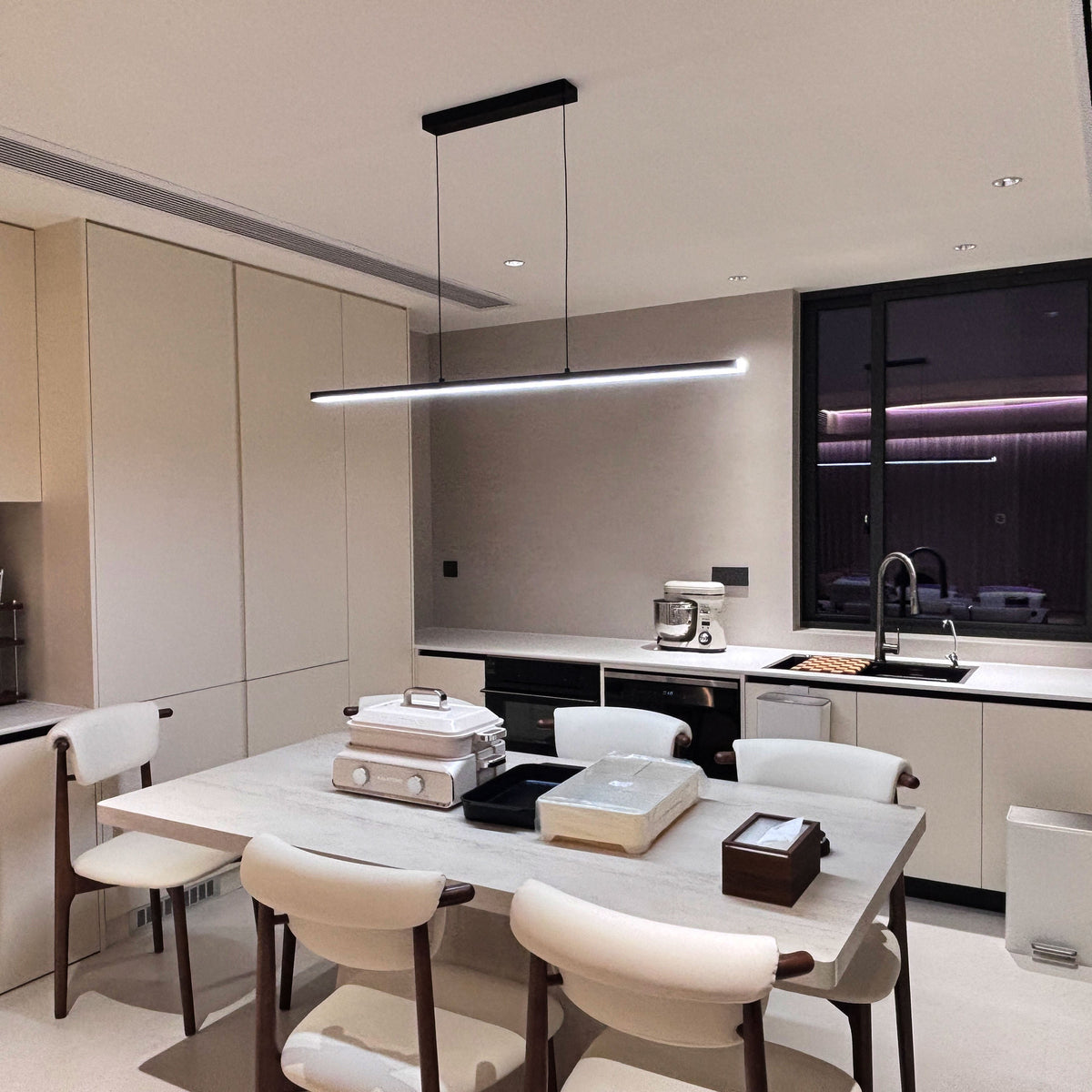Suspended LED Strip Fixture for Countertop Islands – Dimmable Metal Bar Light with Remote in Matte or Gloss White – 39 to 102 in Adjustable