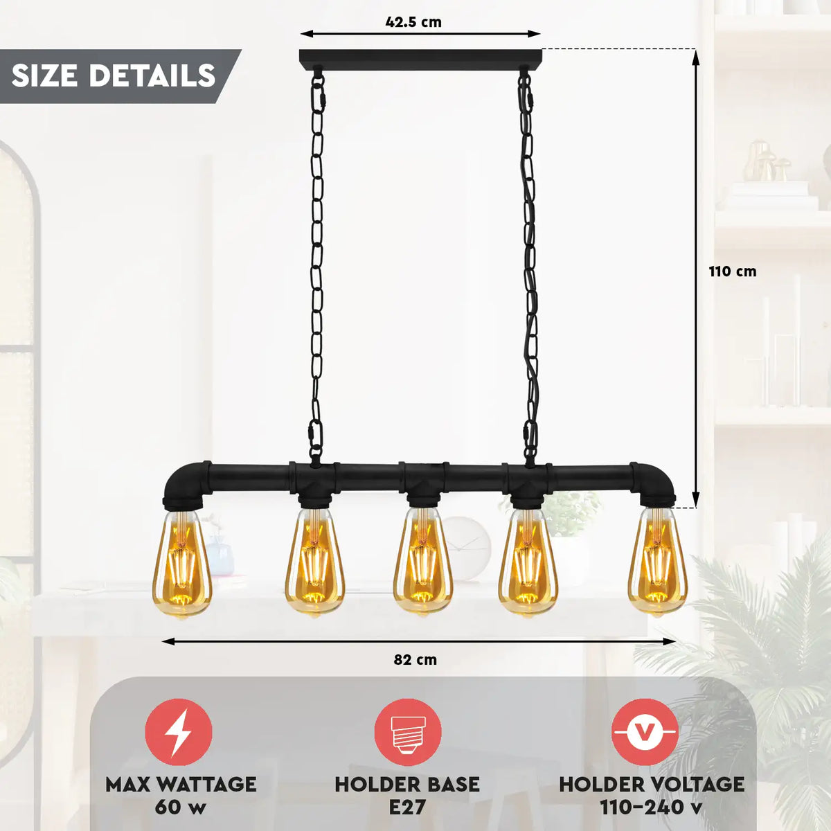 IJzeren Pijp Plafondlamp 110 cm Hoog Steampunk Hanglamp E27 Fitting Retro Industriële Stijl Eetkamer Keuken Bar Restaurant Café Loft | Thomler