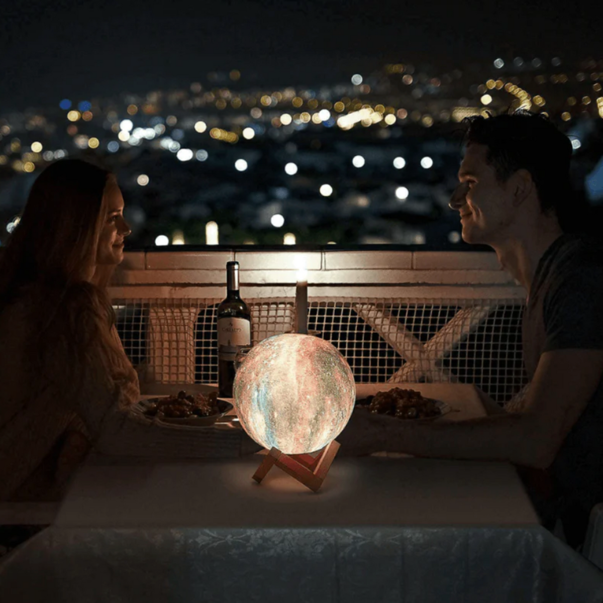 3D Printed Lunar Surface Night Light with Remote Control 16-Color LED Sphere on Wood Base for Bedroom Desk Space Decor | Thomler