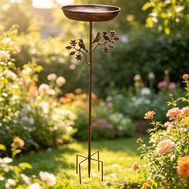 Metal Bird Bath on Garden Stake with Vintage Copper-Tone Finish for Yard & Patio, Easy Assembly Outdoor Birdbath Bowl for Songbirds | Thomler
