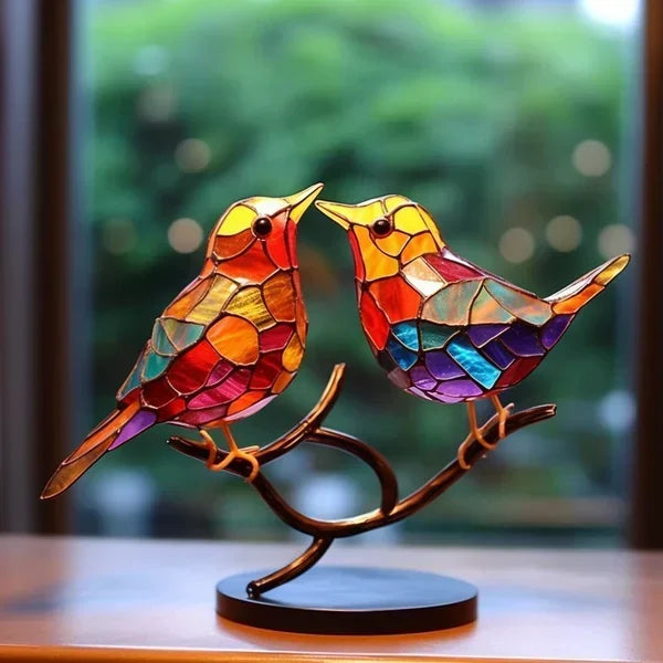 Handbeschilderde metalen vogelbeeldjes voor op de plank & schoorsteenmantel | Kleurrijke tafeldecoratieset | Moderne zittende vogels voor woonkamer, slaapkamer, kantoor