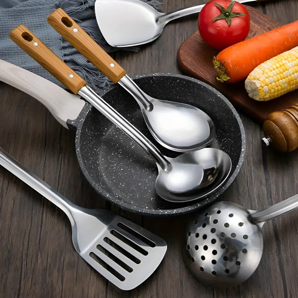 5-Piece Cooking Utensil Set with Wood Handles - Stainless Steel Serving Spoons Spatula Ladle for Nonstick Pans | Thomler