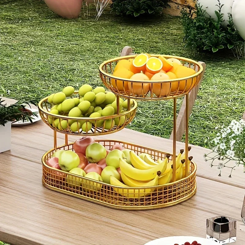 Drielagig aanrecht-opbergrek van metaal 10×9×6,5 inch goudkleurig presenteerrek voor fruit, snacks, hapjes en gebak in keuken of eetkamer | Thomler