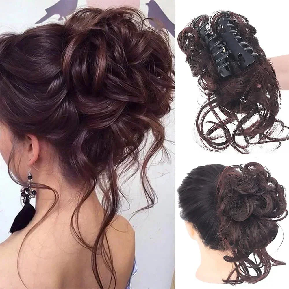 Clip-In Messy Bun Hair Extension with Curly Texture for Women, Synthetic Updo Hairpiece for Everyday & Special Events