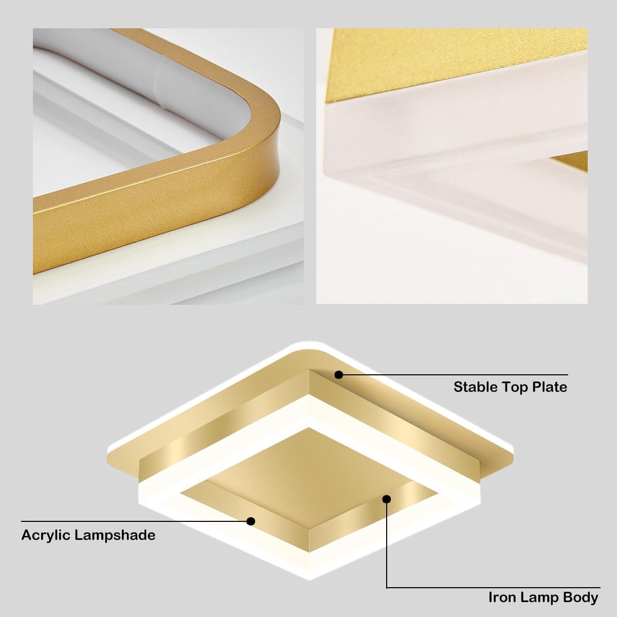 Square LED Flush Mount Ceiling Light 7.7 in Black Gold Modern Geometric Fixture for Bedroom Hallway Office Entryway Layered Frame Low Profil | Thomler