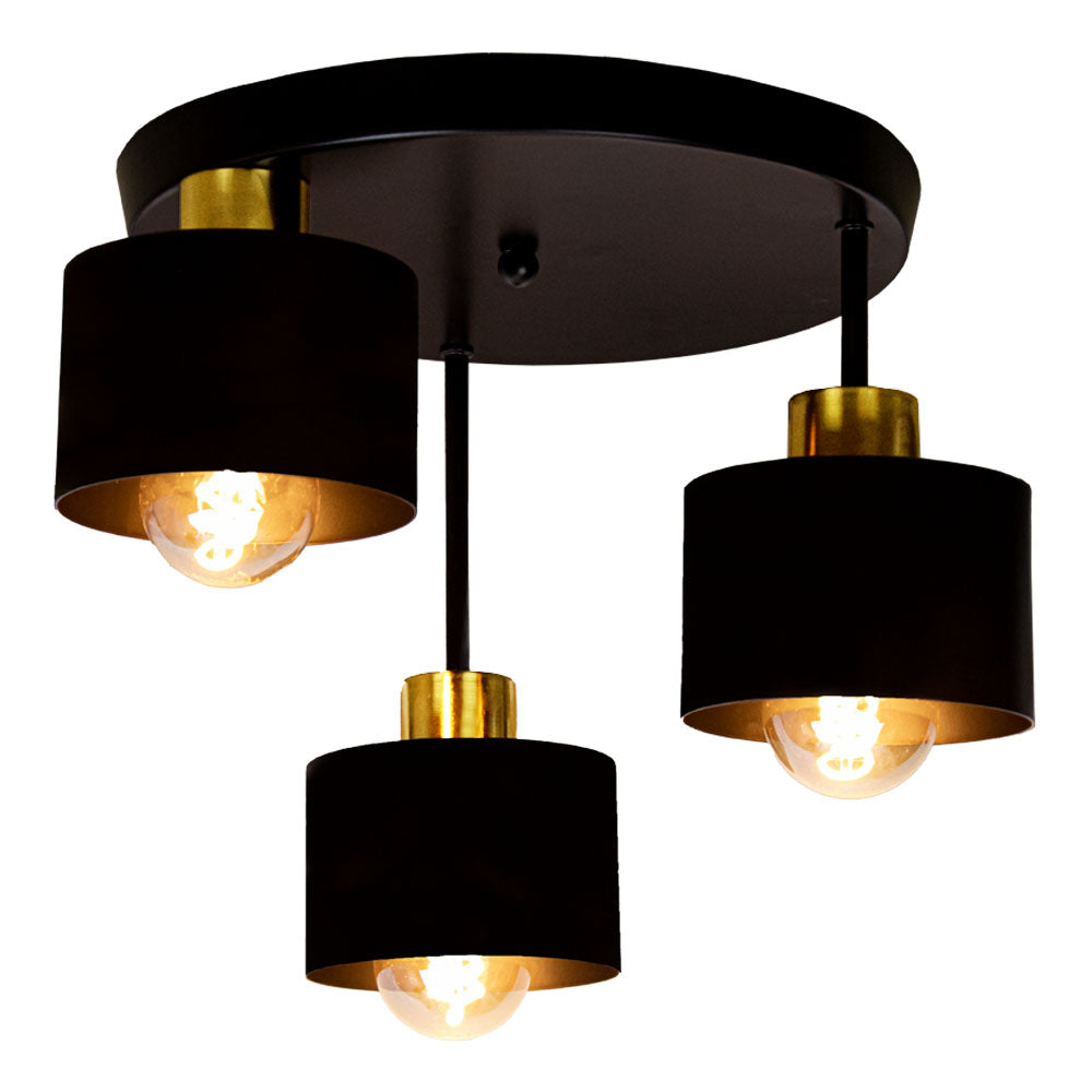 Three-Light Flush Mount Fixture Steel 12-Inch Black Gold Ceiling Lamp E27 for Dining Room Bedroom Hallway Modern Industrial Home Lighting | Thomler