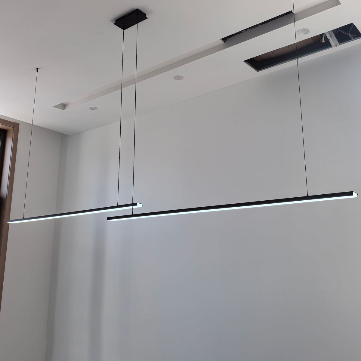 Suspended LED Strip Fixture for Countertop Islands – Dimmable Metal Bar Light with Remote in Matte or Gloss White – 39 to 102 in Adjustable