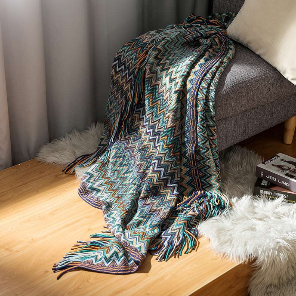 Chevron Knit Throw Blanket with Fringe Trim – Lightweight Acrylic for Year-Round Comfort