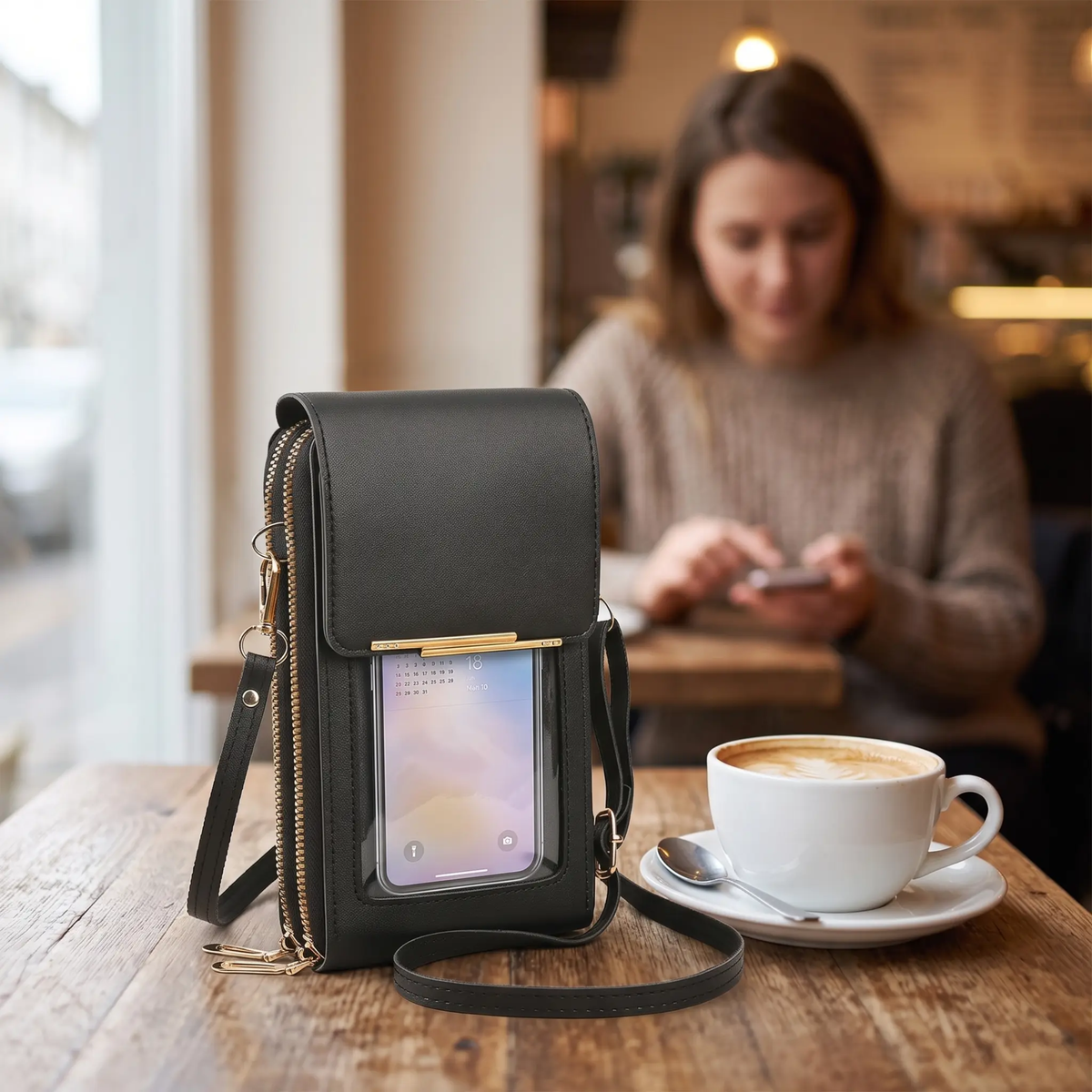 Touchscreen Crossbody Phone Wallet with RFID Blocking for Cards & Cash – Waterproof PU Leather Mini Purse Holds 6.7 in Smartphones | Thomler