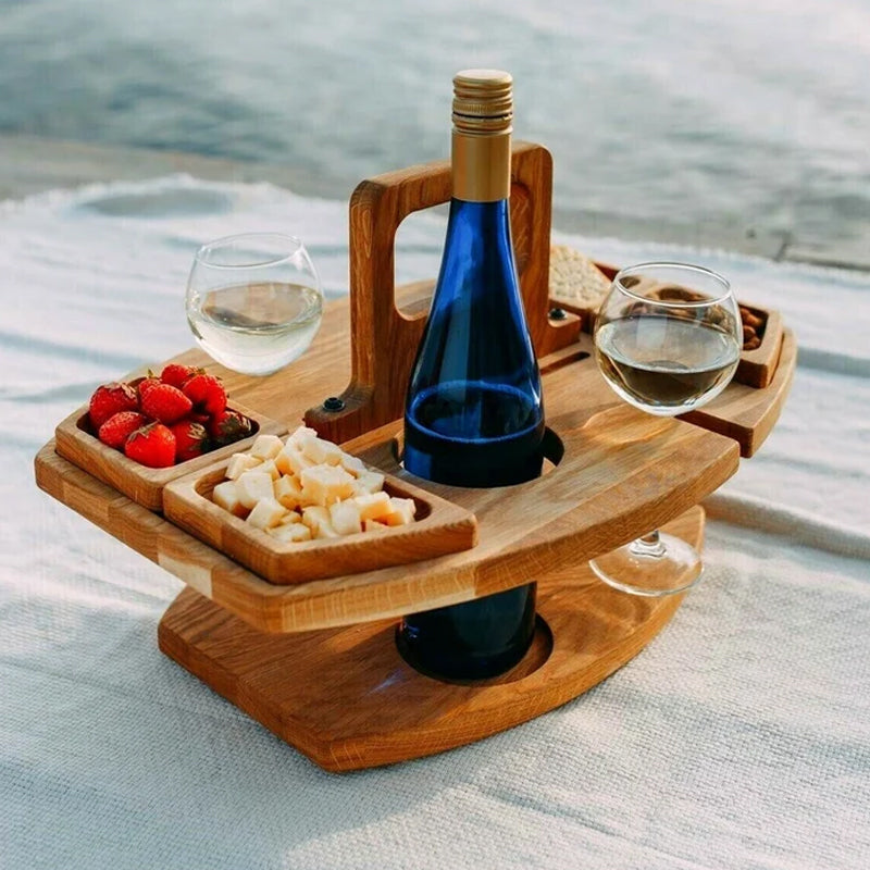 Portable Wooden Wine Table for Picnics – Holds Bottle, Glasses & Snacks for Outdoor Dining, Beach Trips, Garden Parties