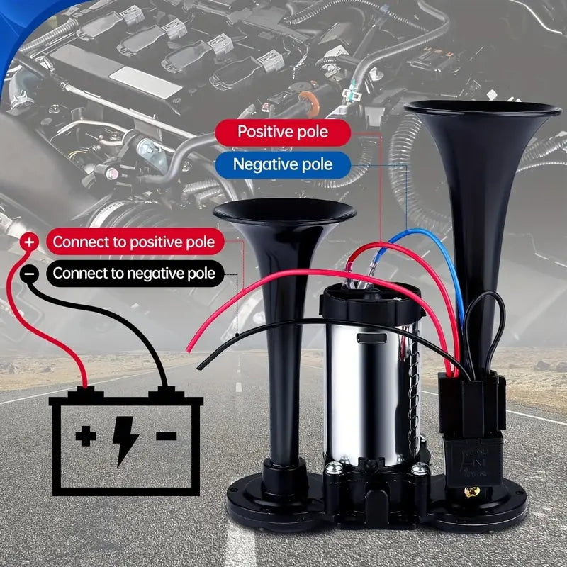 Elektrisches Doppel-Signalhorn mit Kompressor mit automatischer Nachfüllfunktion und Montagehalterung für 12V-Fahrzeuge