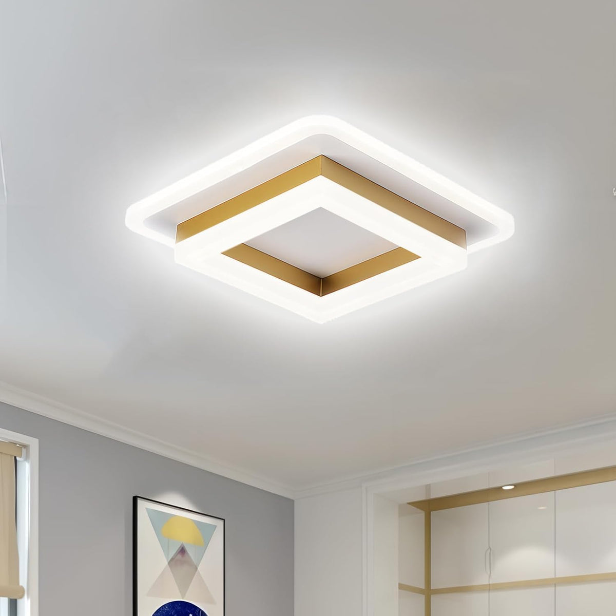 Square LED Flush Mount Ceiling Light 7.7 in Black Gold Modern Geometric Fixture for Bedroom Hallway Office Entryway Layered Frame Low Profil | Thomler