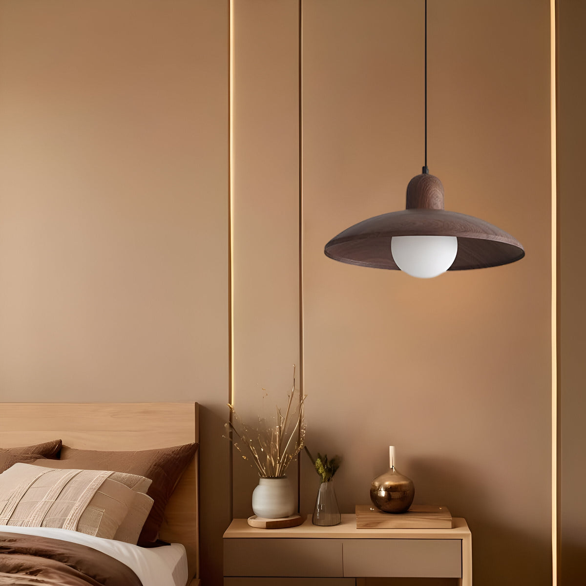 Wood Dome Ceiling Pendant 12 in Walnut Hanging Light for Kitchen Island Dining Table Minimalist Adjustable Cord E27 Socket 110V | Thomler