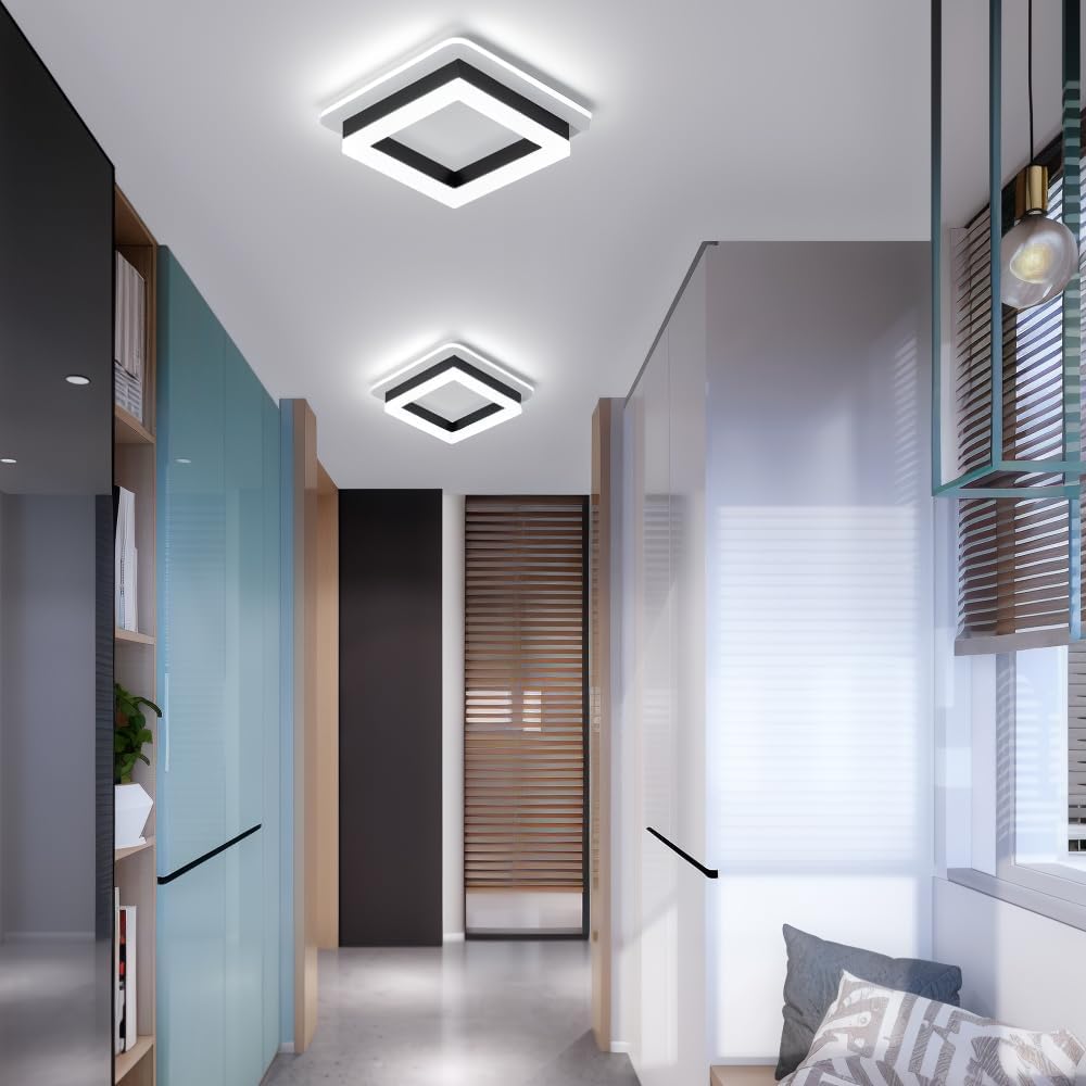 Square LED Flush Mount Ceiling Light 7.7 in Black Gold Modern Geometric Fixture for Bedroom Hallway Office Entryway Layered Frame Low Profil | Thomler