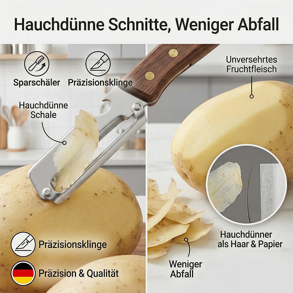 Keukenmultitool: dunschiller, snijder en flesopener met houten handvat, 5-delige set voor het bereiden van groenten en fruit, keukengerei voor de hobbykok | Thomler