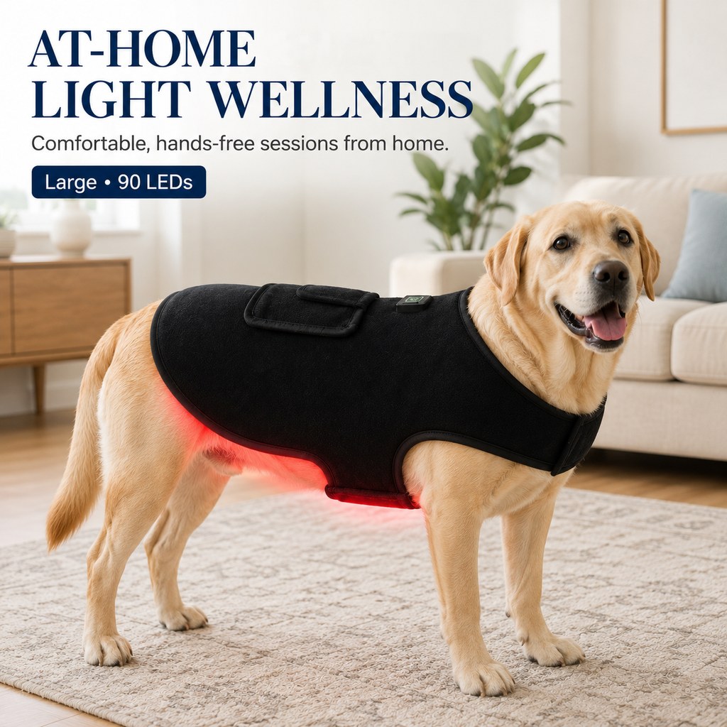Chaleco de luz roja para mascotas (perros y gatos) – Envoltura de confort con infrarrojo cercano de 660 nm + 850 nm para espalda, cadera y articulaciones – Recargable por USB