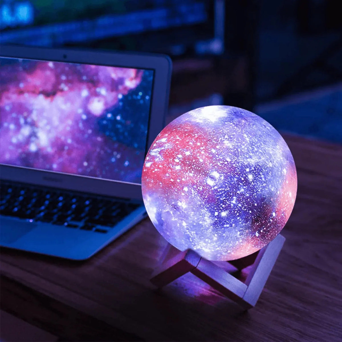 3D Printed Lunar Surface Night Light with Remote Control 16-Color LED Sphere on Wood Base for Bedroom Desk Space Decor | Thomler