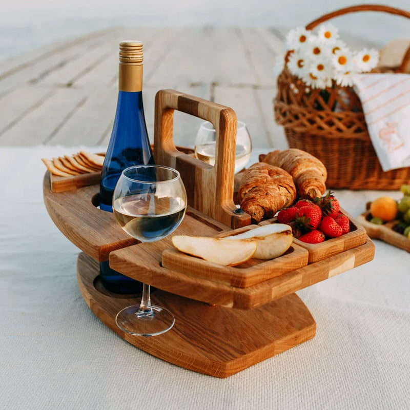 Portable Wooden Wine Table for Picnics – Holds Bottle, Glasses & Snacks for Outdoor Dining, Beach Trips, Garden Parties