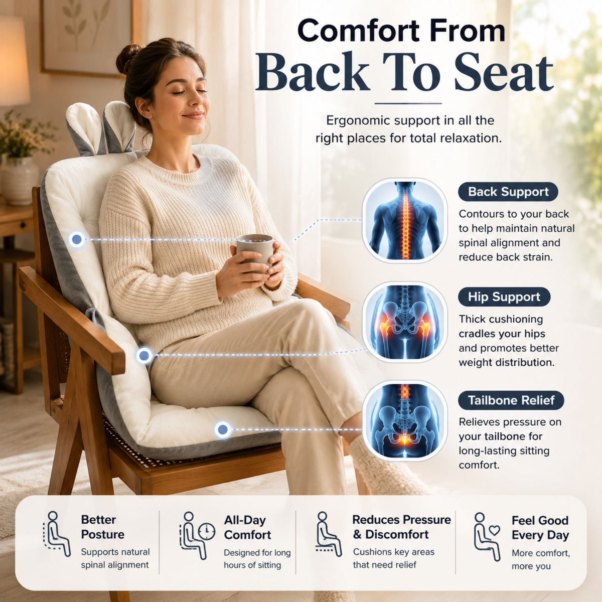 Tailbone Support Seat Pad with Memory Foam for Office Chair Car Wheelchair Relief from Lower Back Sciatica Discomfort Universal Fit Removabl