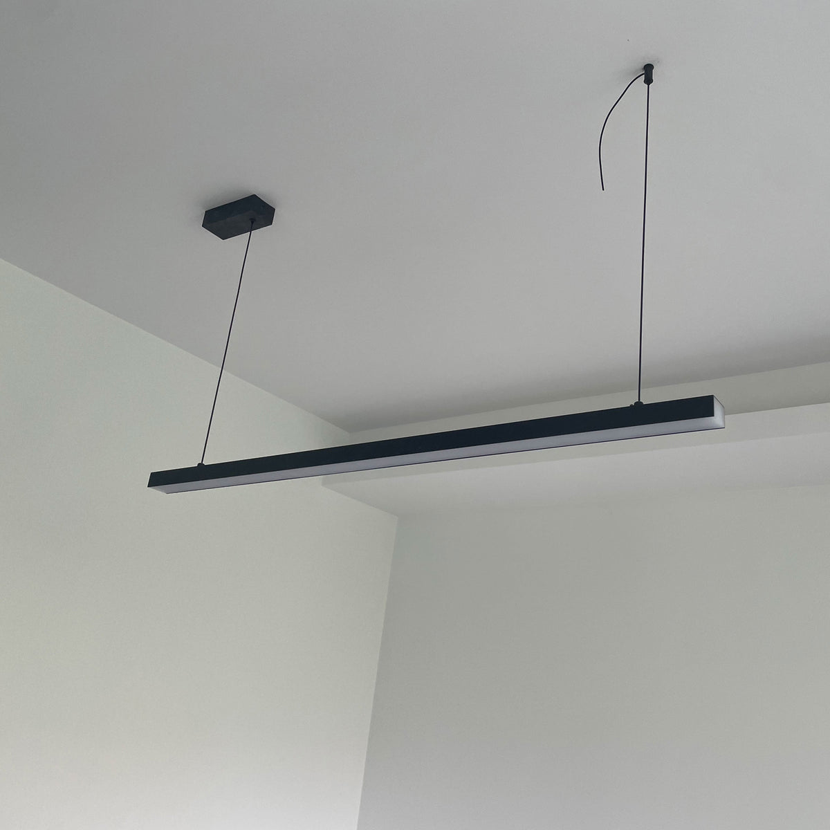 Suspended LED Strip Fixture for Countertop Islands – Dimmable Metal Bar Light with Remote in Matte or Gloss White – 39 to 102 in Adjustable
