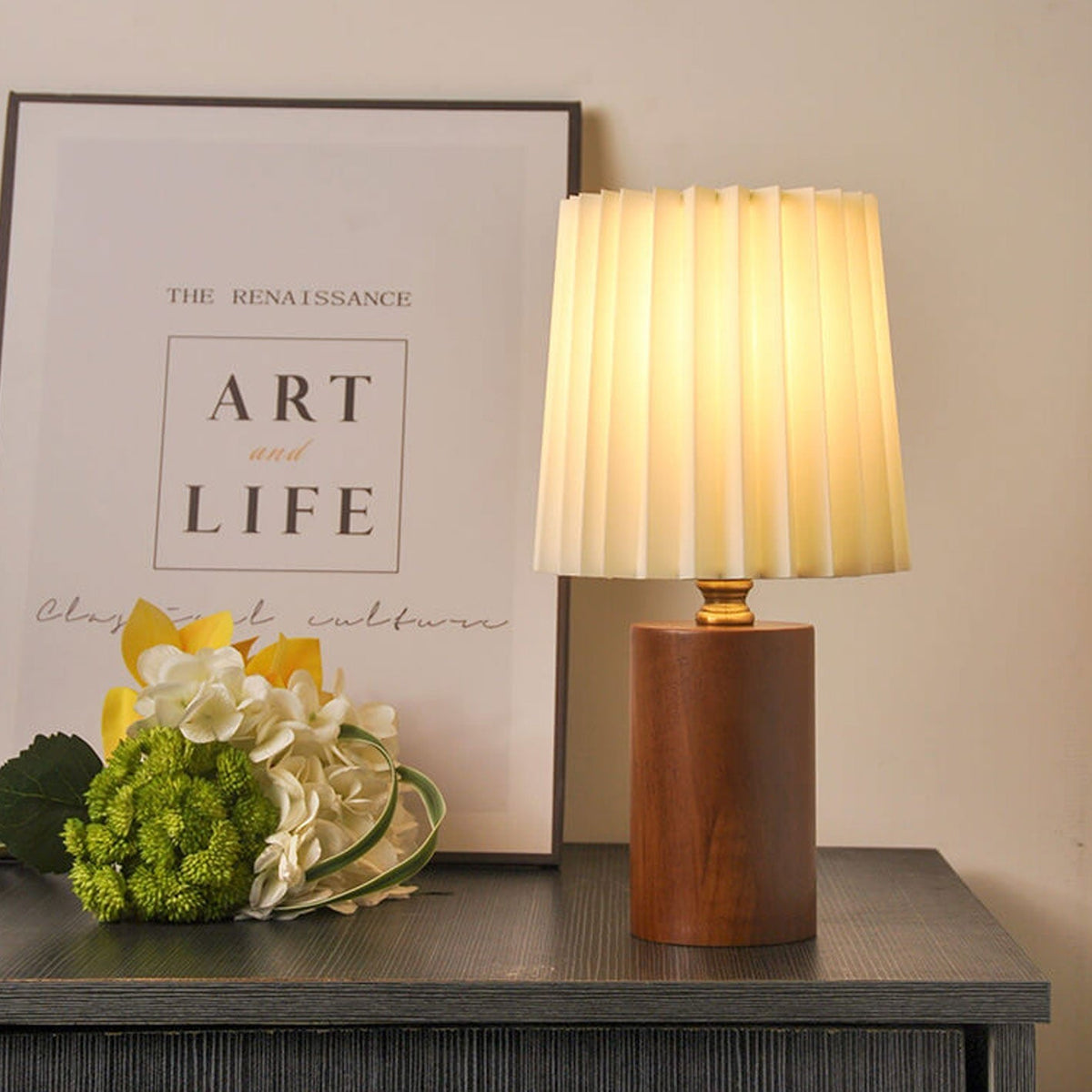 Houten bureaulamp met stoffen kap, 12 inch accentverlichting voor nachtkastje, kantoor, werkkamer, dimbare led-leeslamp, modern interieur | Thomler