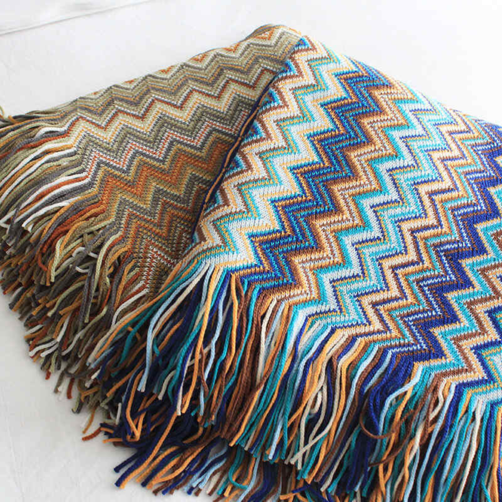 Chevron Knit Throw Blanket with Fringe Trim – Lightweight Acrylic for Year-Round Comfort