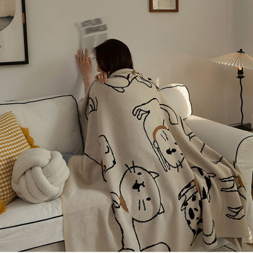 Cat Pattern Throw Blanket – 100% Cotton Weave – Breathable All-Season Bed & Sofa Cover