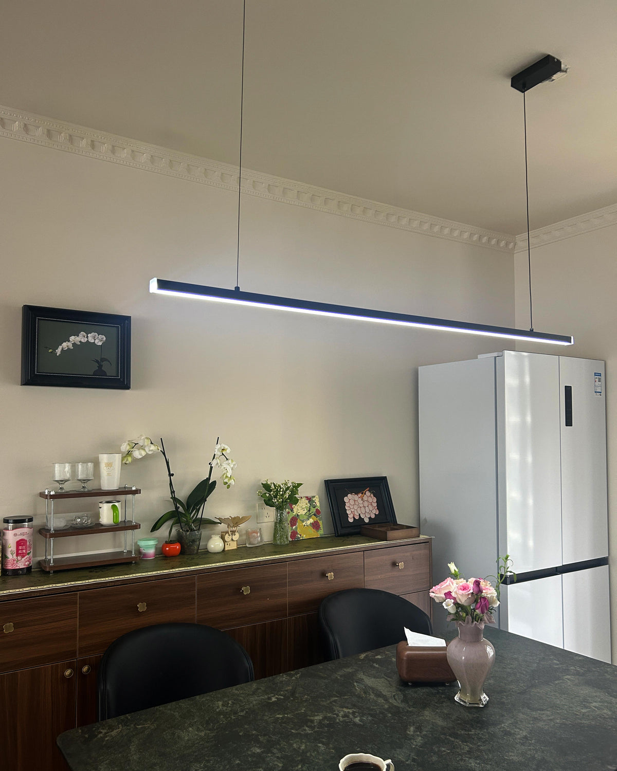 Suspended LED Strip Fixture for Countertop Islands – Dimmable Metal Bar Light with Remote in Matte or Gloss White – 39 to 102 in Adjustable