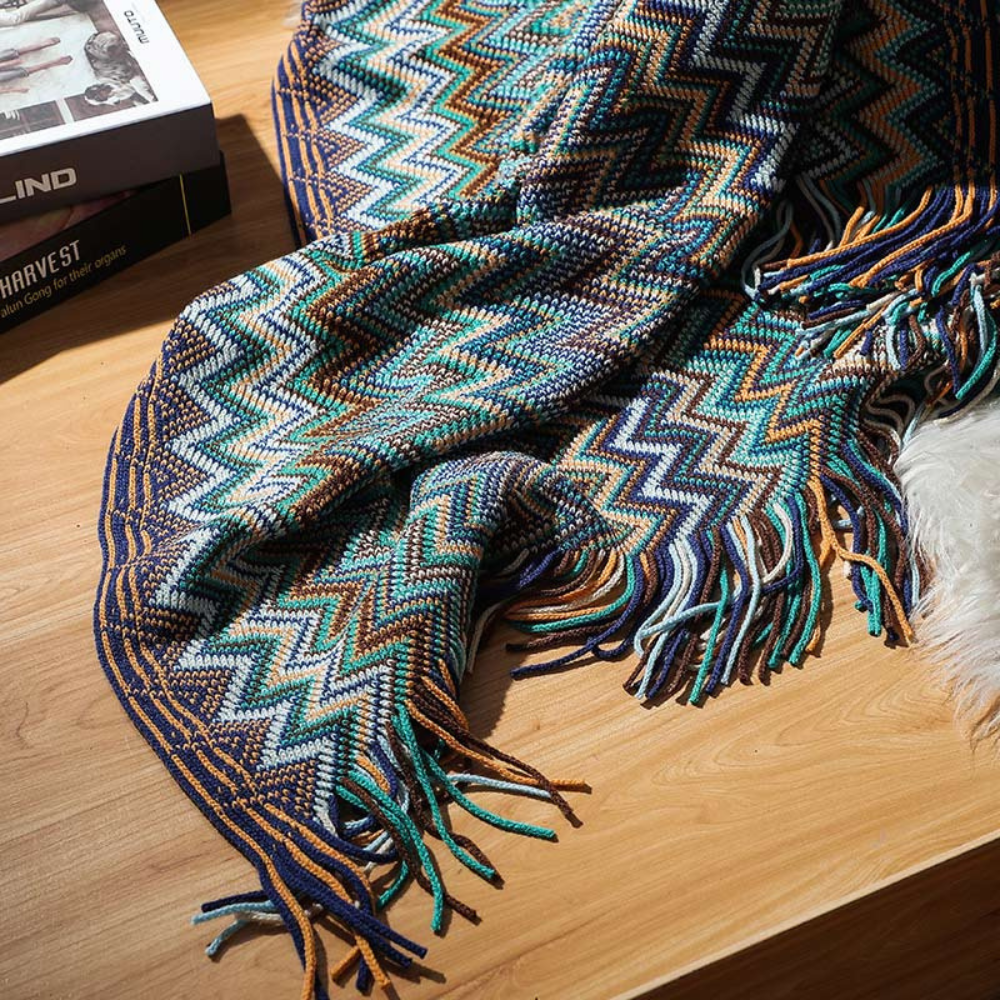 Chevron Knit Throw Blanket with Fringe Trim – Lightweight Acrylic for Year-Round Comfort