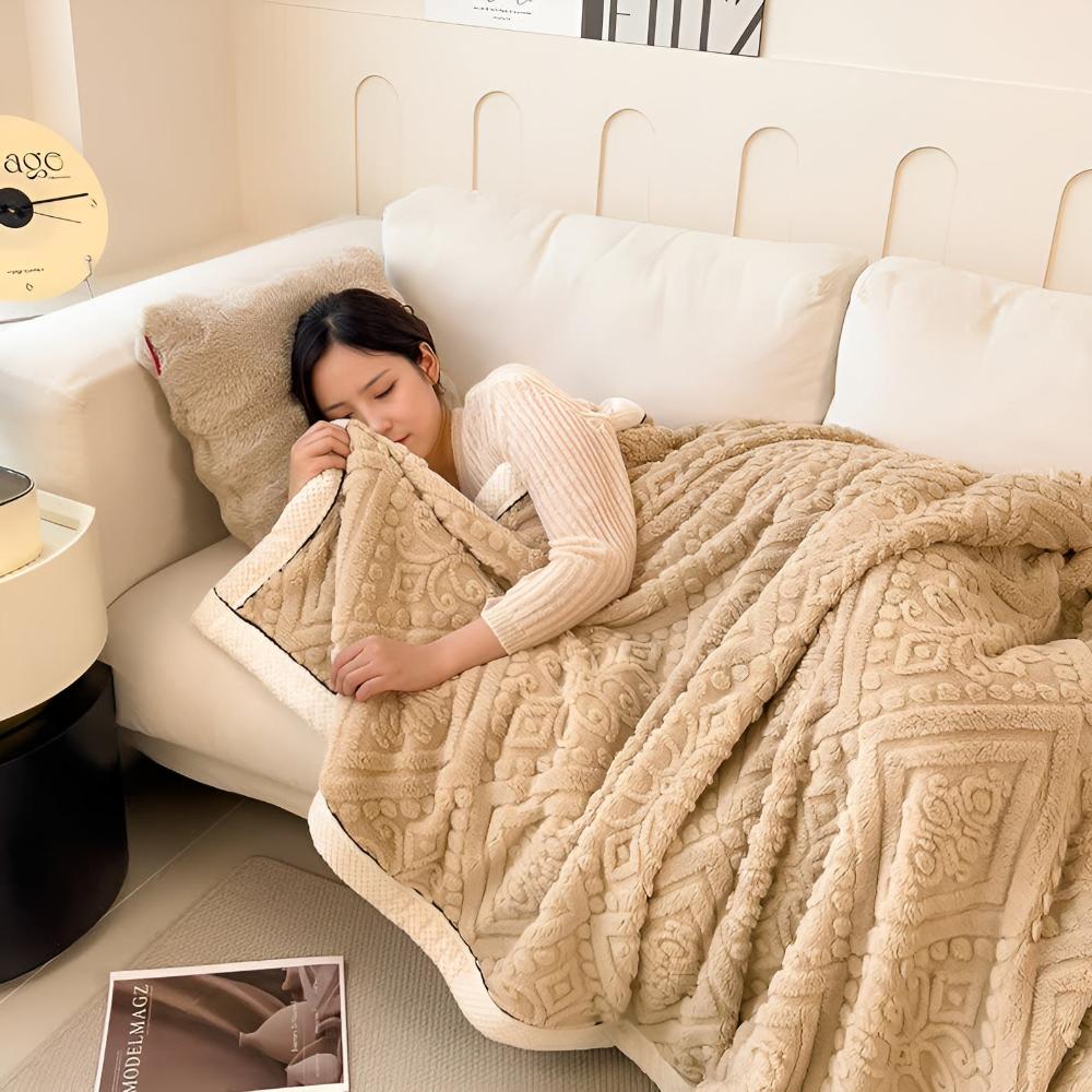 Carved Plush Throw with Sherpa Backing – Double-Sided Blanket for Bed, Couch & Travel