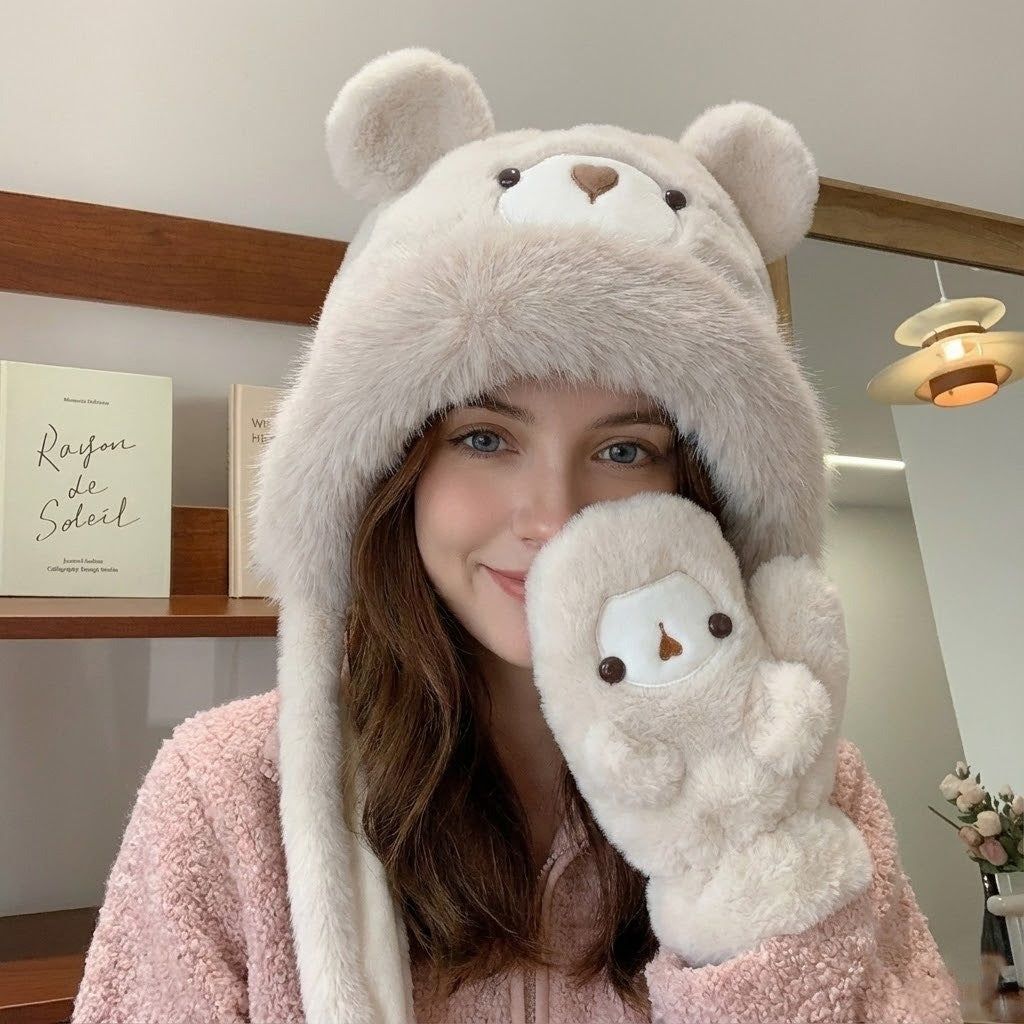 Plush Bear-Face Winter Hat with Long Earflaps – Cozy Faux Fur Knit Beanie for Cold Weather