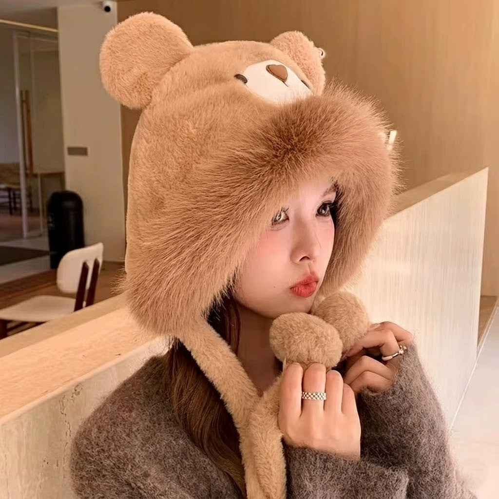 Plush Bear-Face Winter Hat with Long Earflaps – Cozy Faux Fur Knit Beanie for Cold Weather