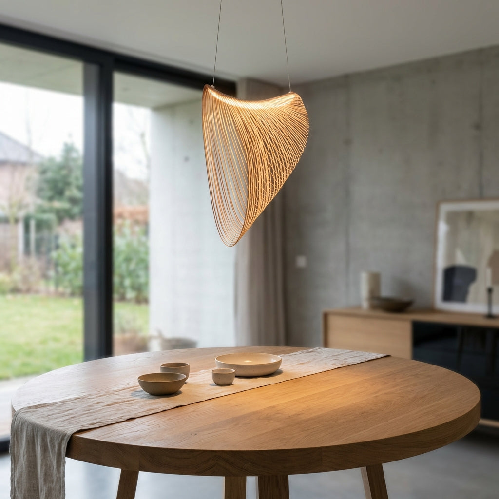 Geweven Houten LED Plafondlamp 31 inch Diameter Organische Sculpturale Hanglamp Natuurlijke Tint voor Eetkamer Keukeneiland Verstelbaar Snoer Scandi | Thomler