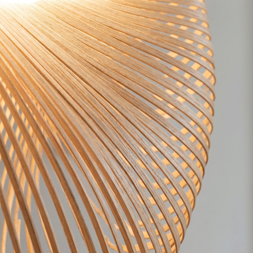 Woven Wood LED Ceiling Fixture 31 in Diameter Organic Sculptural Hanging Light Natural Tone for Dining Kitchen Island Adjustable Cord Scandi | Thomler