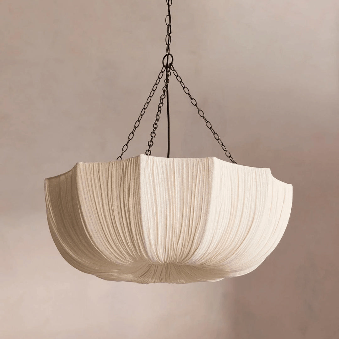 Stoffen plafondlamp met komvormige kap voor keukens en eetruimtes, 16 inch verstelbaar hangarmatuur, neutrale beige stoffen lampenkap Thr | Thomler