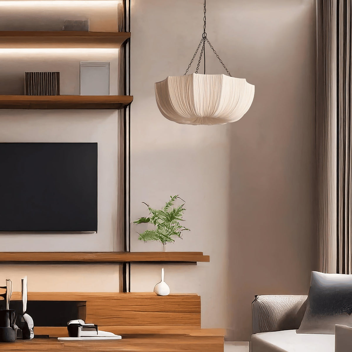 Stoffen plafondlamp met komvormige kap voor keukens en eetruimtes, 16 inch verstelbaar hangarmatuur, neutrale beige stoffen lampenkap Thr | Thomler