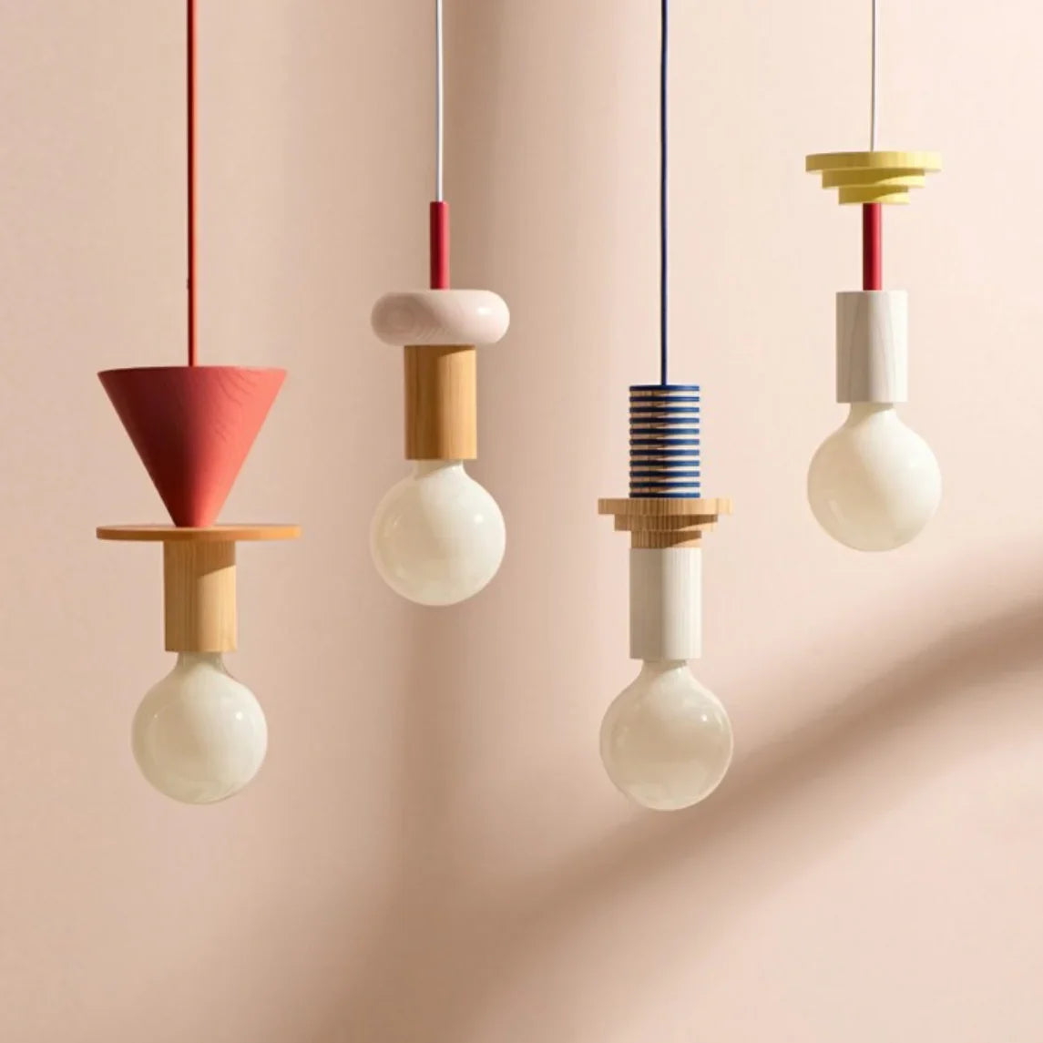 Houten hanglamp met meerkleurige geometrische kap, 19-42 cm in hoogte verstelbaar, plafondverlichting voor eetkamer, keuken en slaapkamer, modern | Thomler