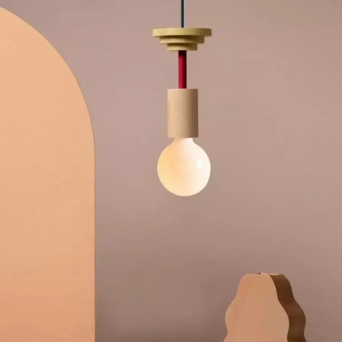 Houten hanglamp met meerkleurige geometrische kap, 19-42 cm in hoogte verstelbaar, plafondverlichting voor eetkamer, keuken en slaapkamer, modern | Thomler