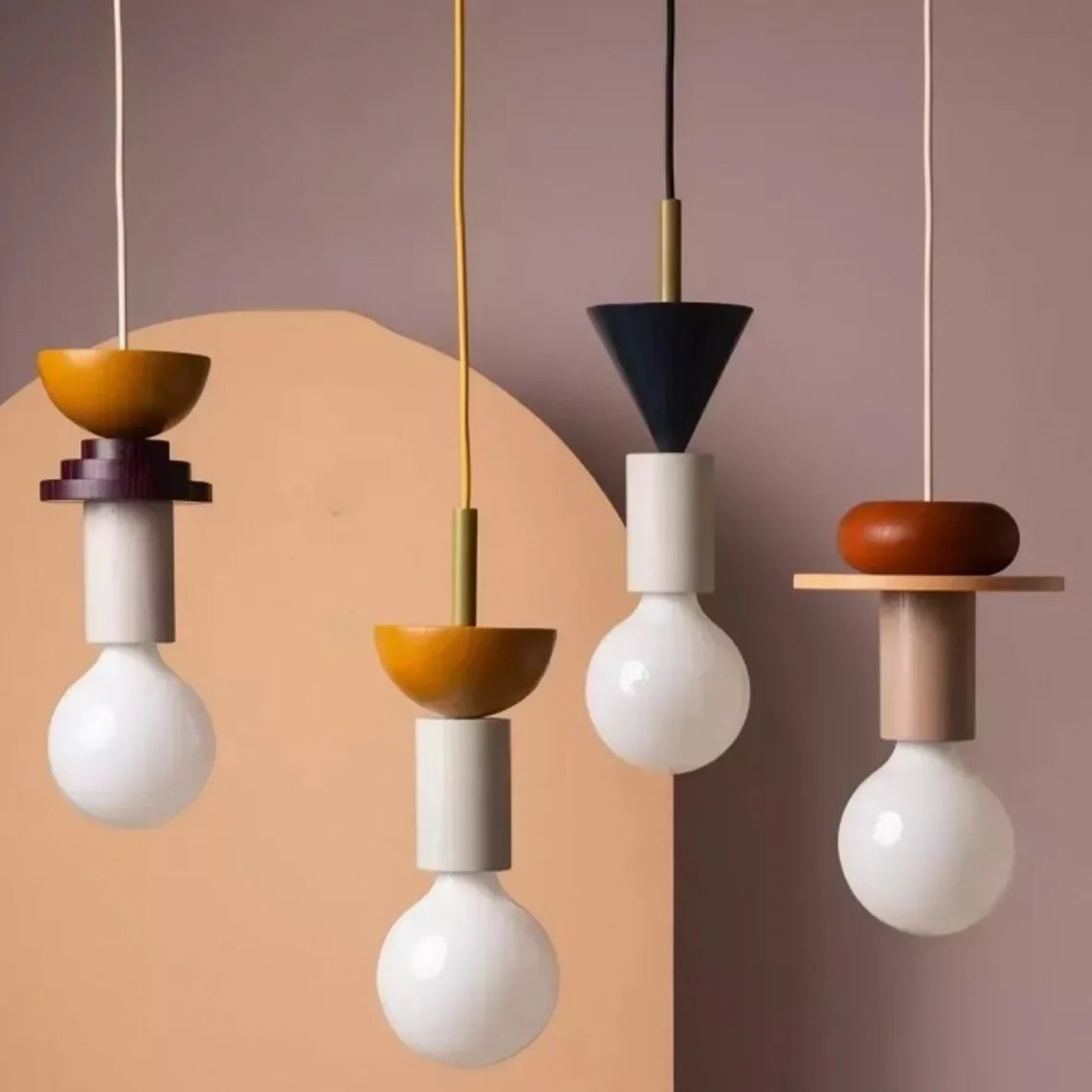 Houten hanglamp met meerkleurige geometrische kap, 19-42 cm in hoogte verstelbaar, plafondverlichting voor eetkamer, keuken en slaapkamer, modern | Thomler