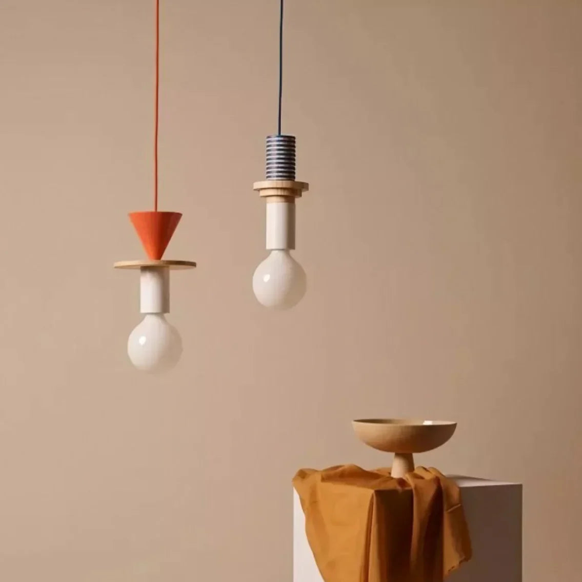 Houten hanglamp met meerkleurige geometrische kap, 19-42 cm in hoogte verstelbaar, plafondverlichting voor eetkamer, keuken en slaapkamer, modern | Thomler