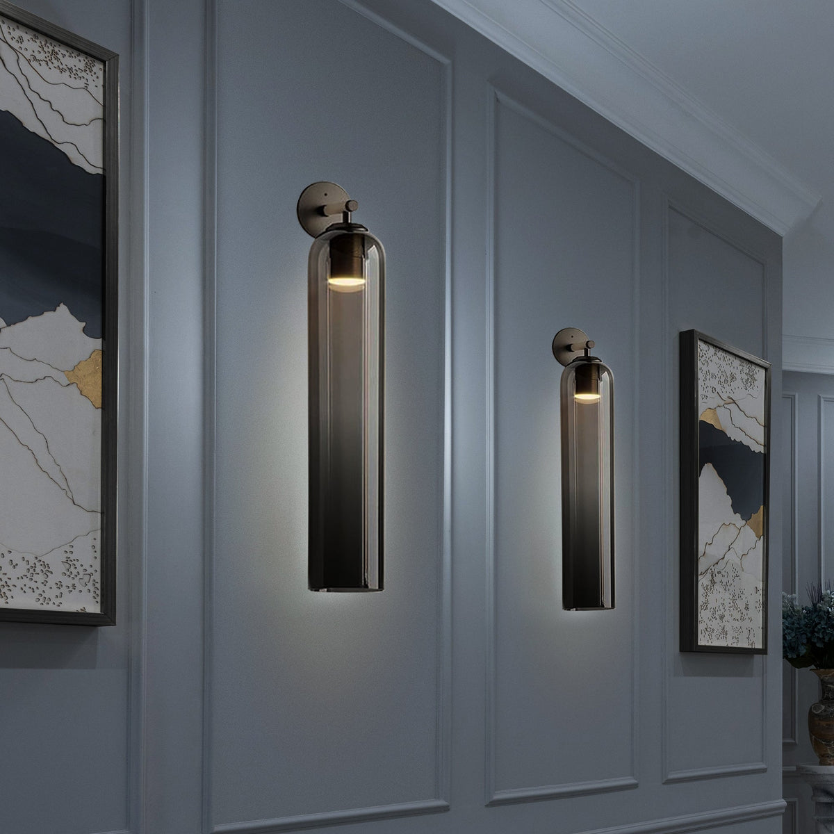 Aplique de pared cilíndrico de cristal, lámpara vertical de 19 pulgadas para sala de estar, dormitorio, pasillo, iluminación ambiental, montaje hacia arriba o hacia abajo, dorado, negro, níquel